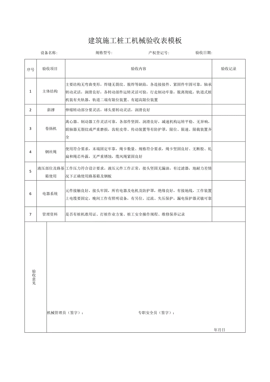 建筑施工桩工机械验收表模板.docx_第1页