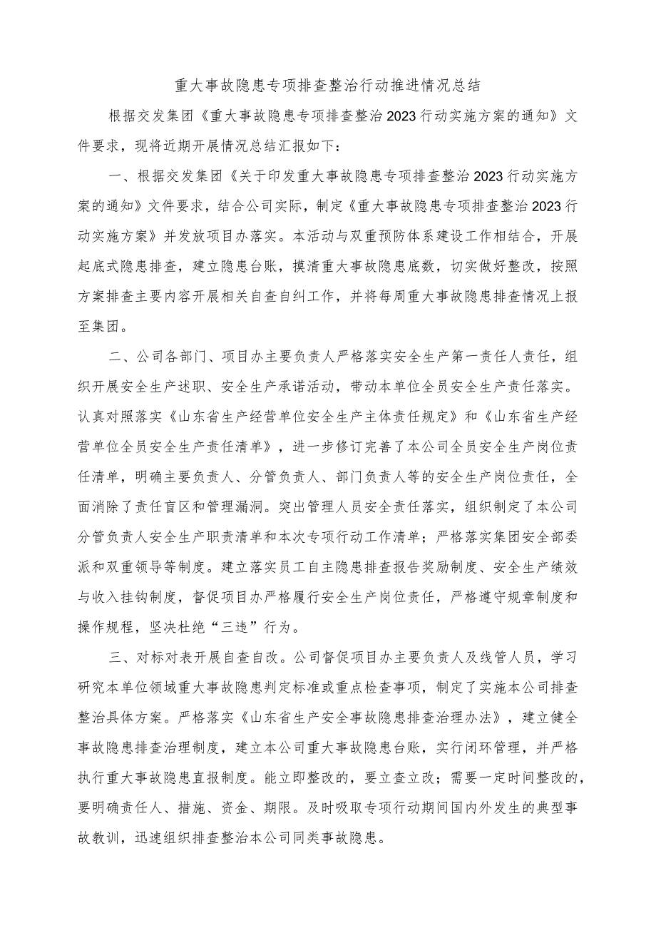 公司重大事故隐患专项排查整治行动推进情况总结.docx_第1页