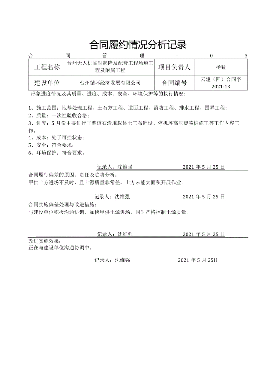 主合同履约情况分析记录-台州机场（5月）.docx_第1页