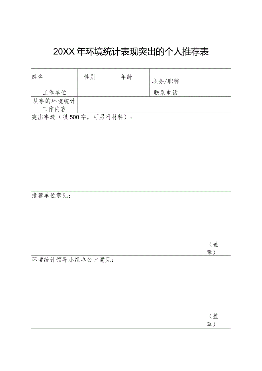 环境统计表现突出的个人推荐表（空表）.docx_第1页