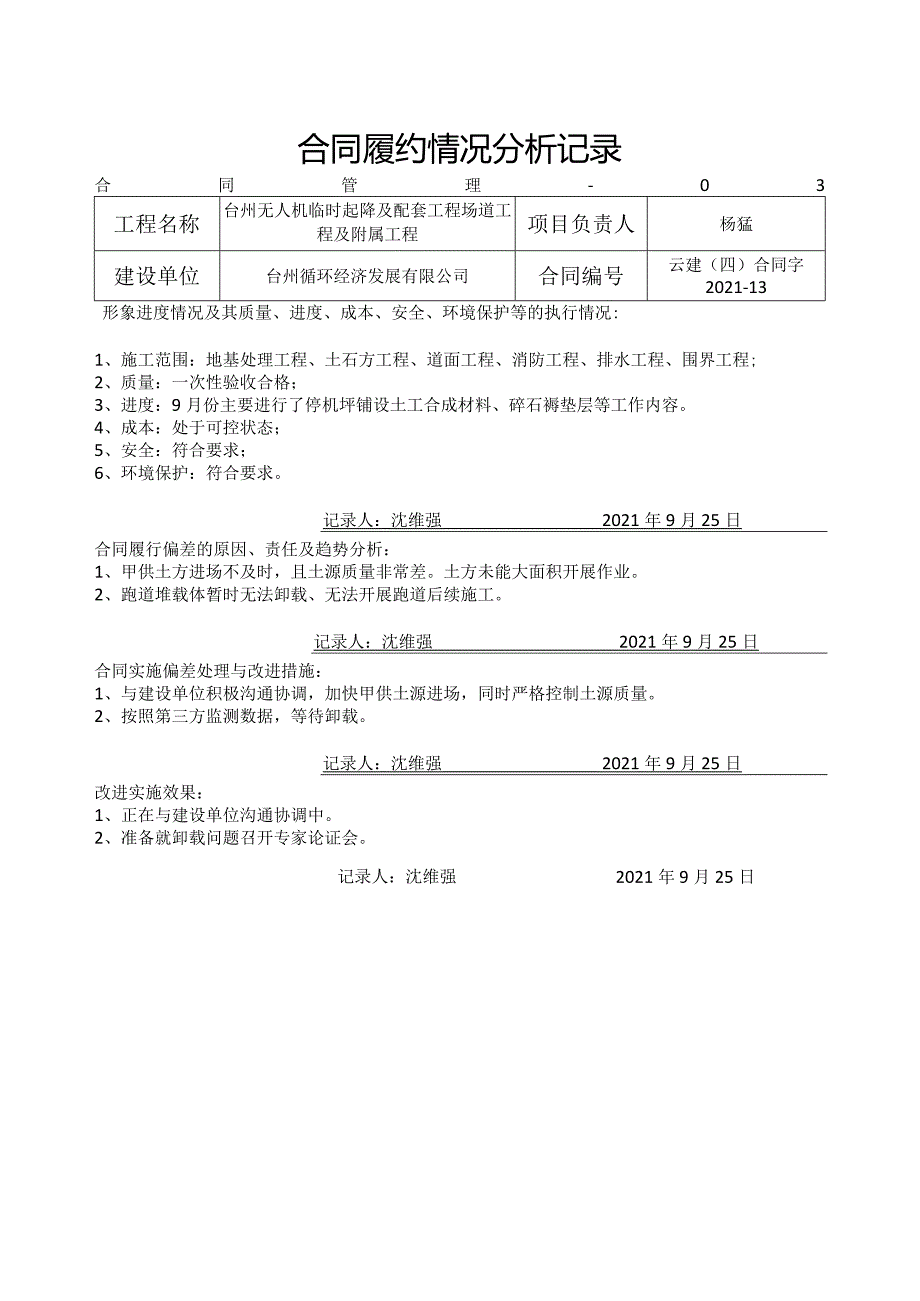 主合同履约情况分析记录-台州机场（9月）.docx_第1页