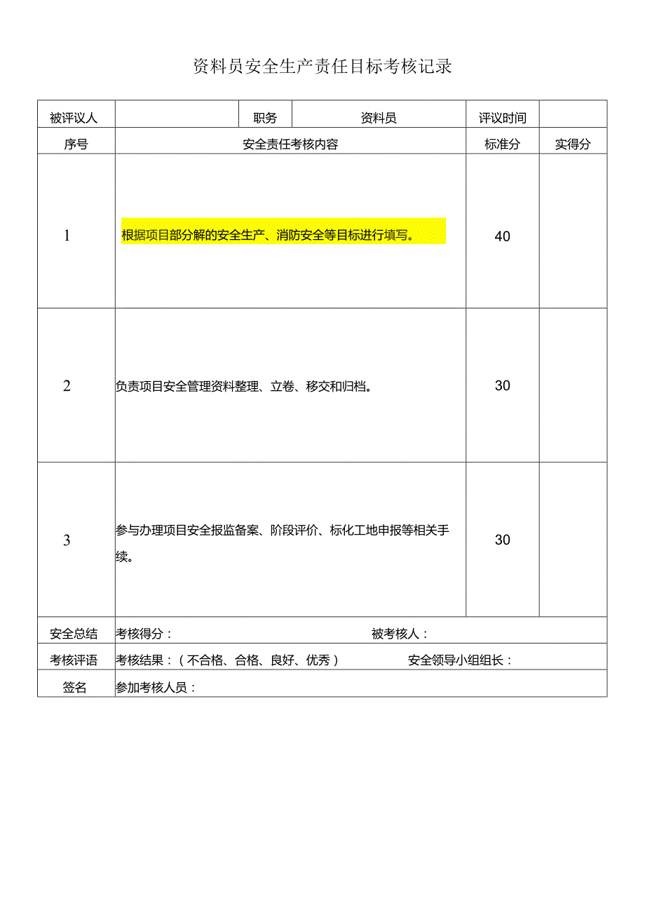 资料员安全生产责任目标考核记录.docx_第1页