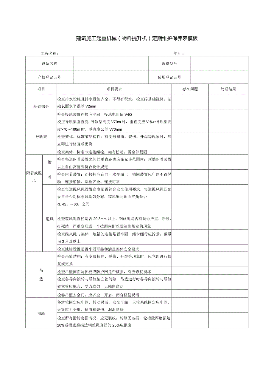 建筑施工起重机械（物料提升机）定期维护保养表模板.docx_第1页