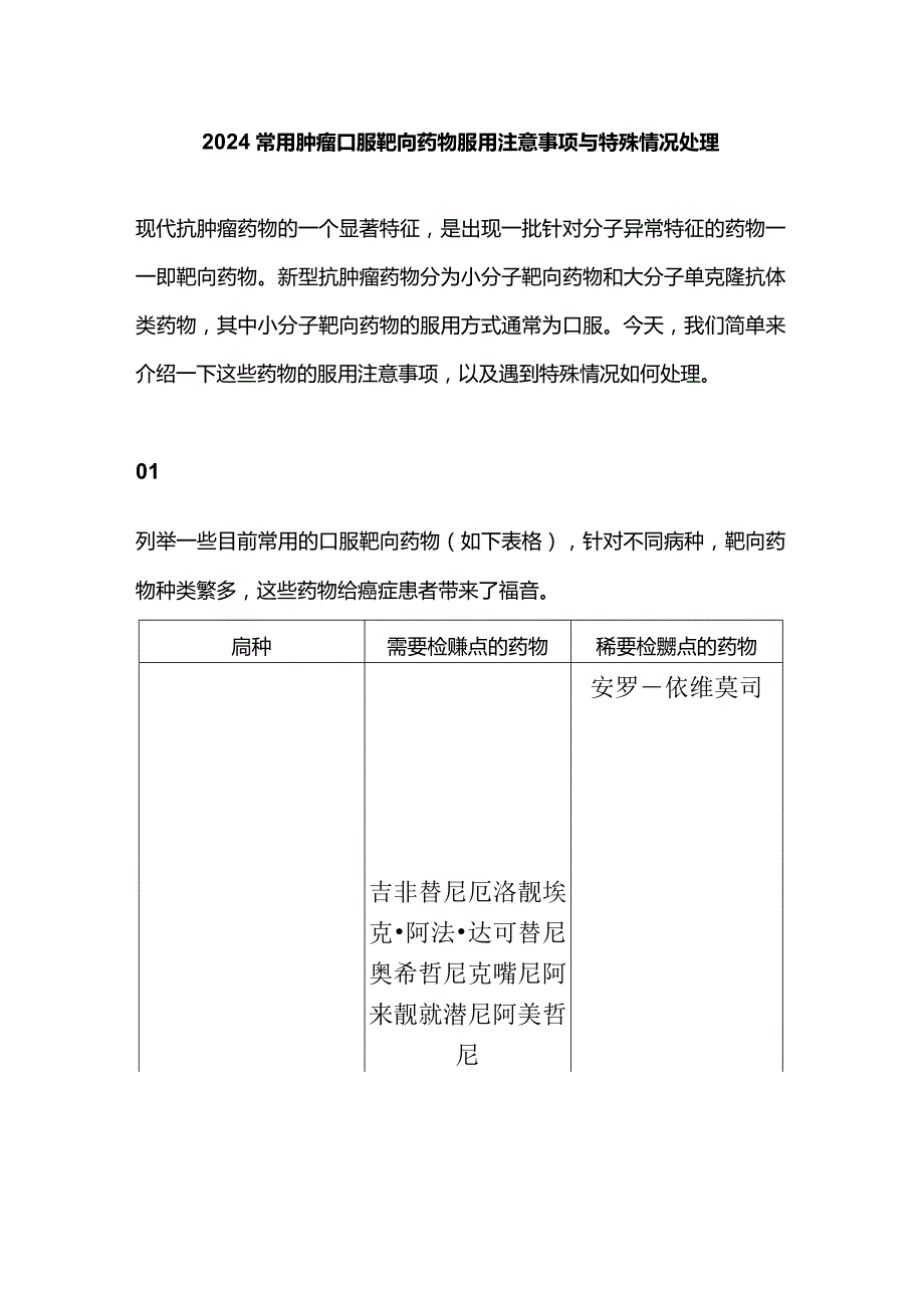 2024常用肿瘤口服靶向药物服用注意事项与特殊情况处理.docx_第1页