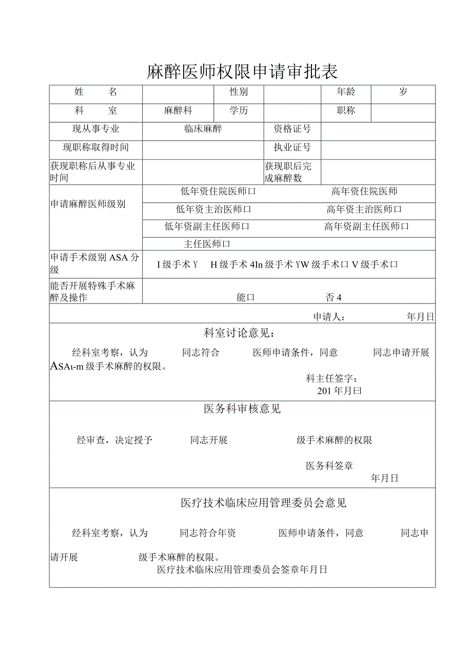 麻醉医师权限申请审批表.docx_第1页