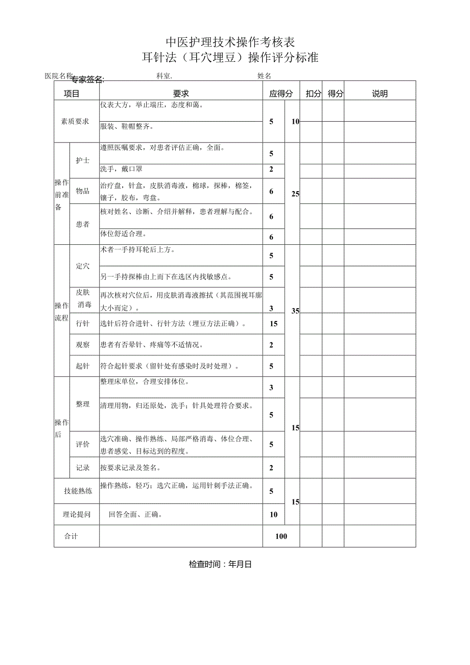 中医护理技术操作考核表—耳针法（耳穴埋豆）操作评分标准.docx_第1页