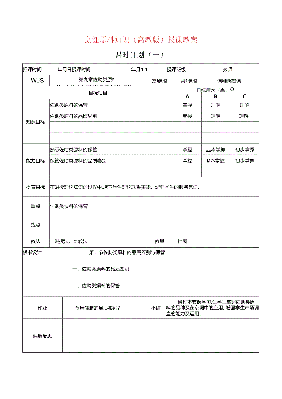 9.3佐助类原料的品质鉴别与保管 教案（表格式）-烹饪原料知识（高教版）.docx_第1页