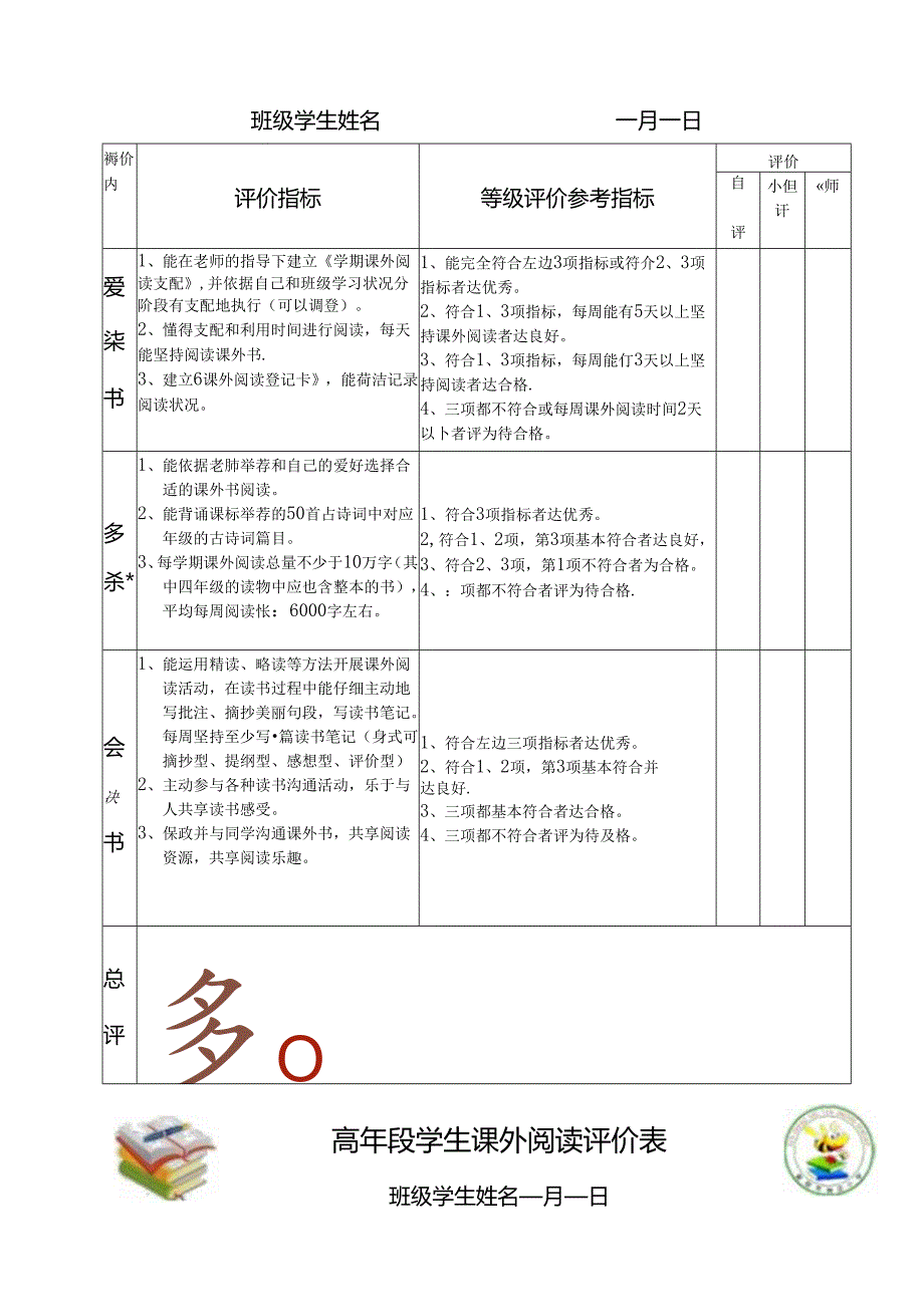 低中高年级课外阅读评价表.docx_第2页