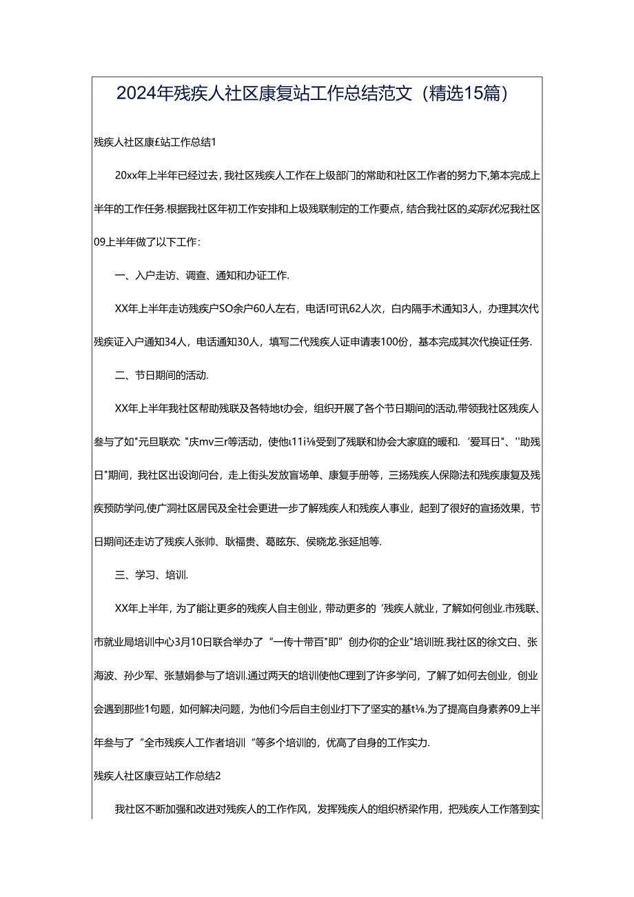 2024年残疾人社区康复站工作总结范文（精选15篇）.docx_第1页