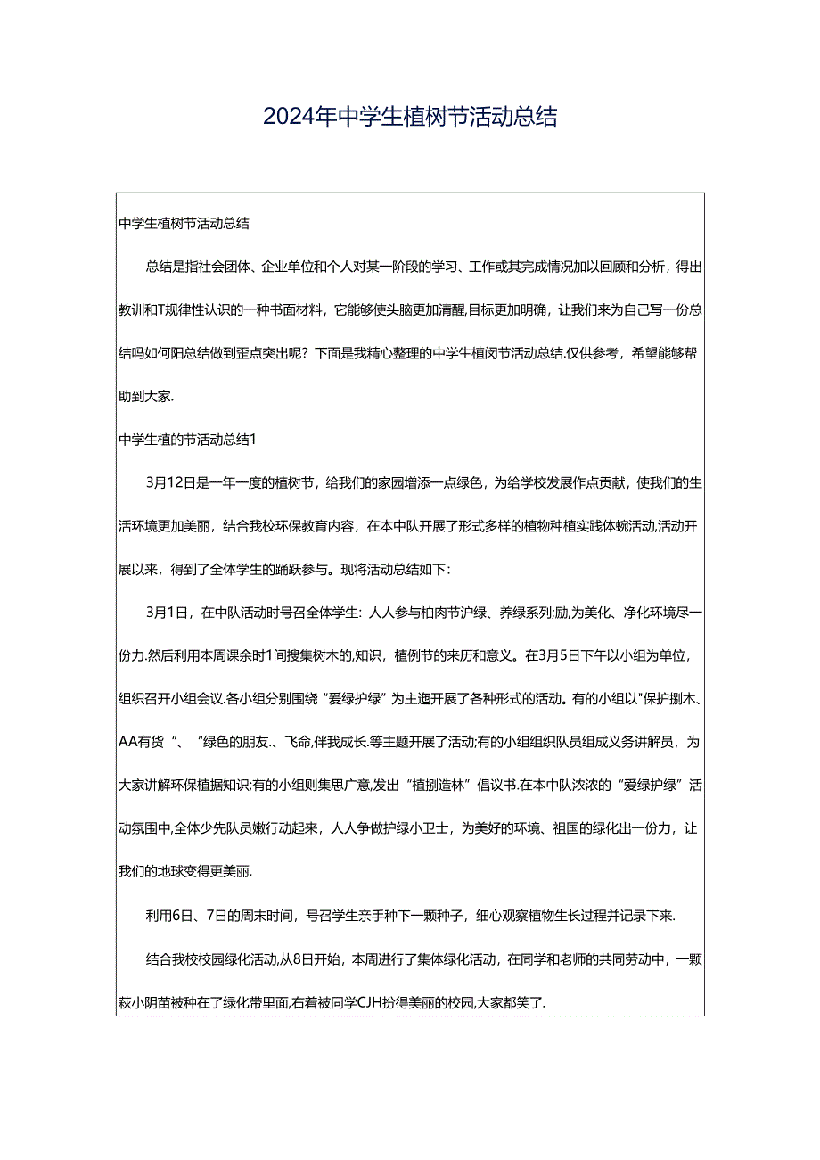 2024年中学生植树节活动总结.docx_第1页