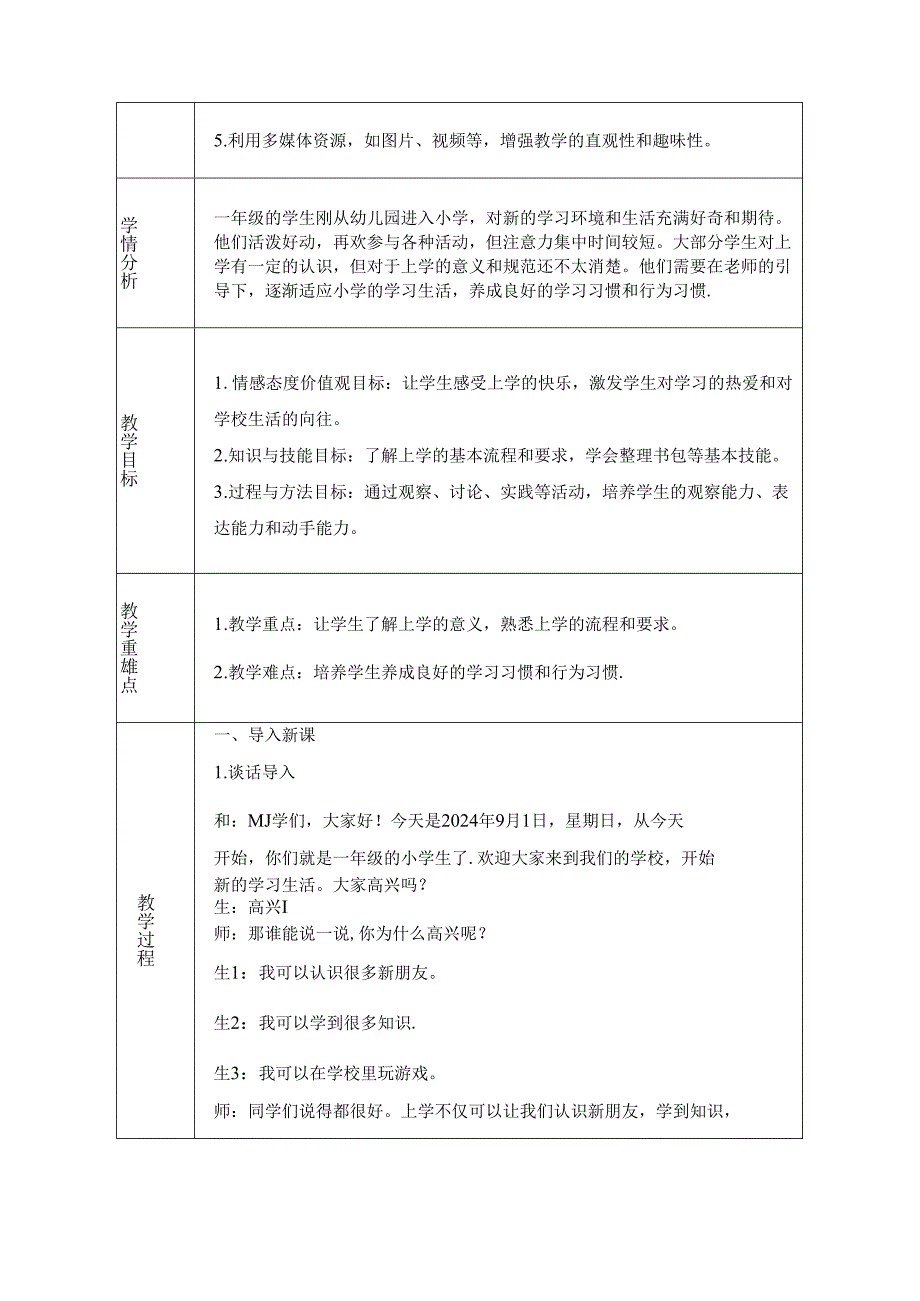 2024-2025学年统编版（2024）道德与法治小学一年级上册教学设计（表格版）.docx_第2页