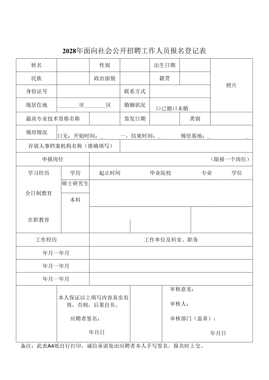 2028年面向社会公开招聘工作人员报名登记表.docx_第1页