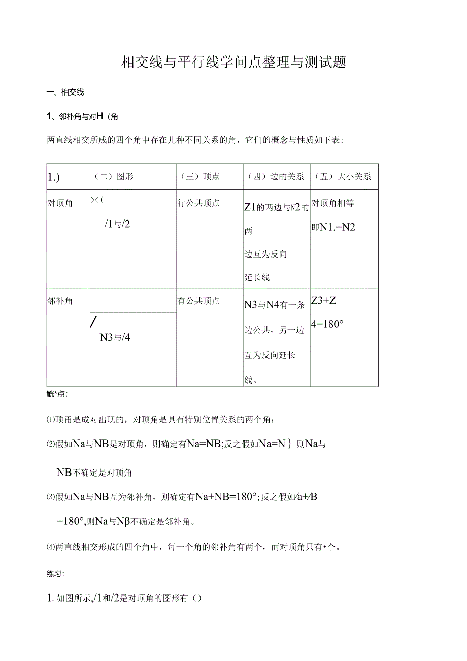 人教版七年级(下)相交线与平行线知识点及典型例题.docx_第1页