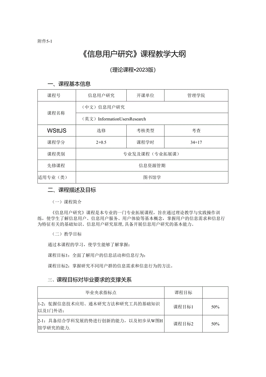 0423S05017-信息用户研究-2023版人才培养方案课程教学大纲.docx_第1页