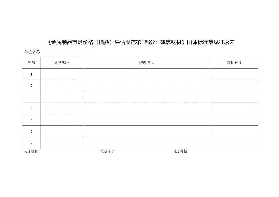 6.1金属制品《金属制品市场价格（指数）评估规范 第1部分：建筑钢材》团体标准意见征求表.docx_第1页