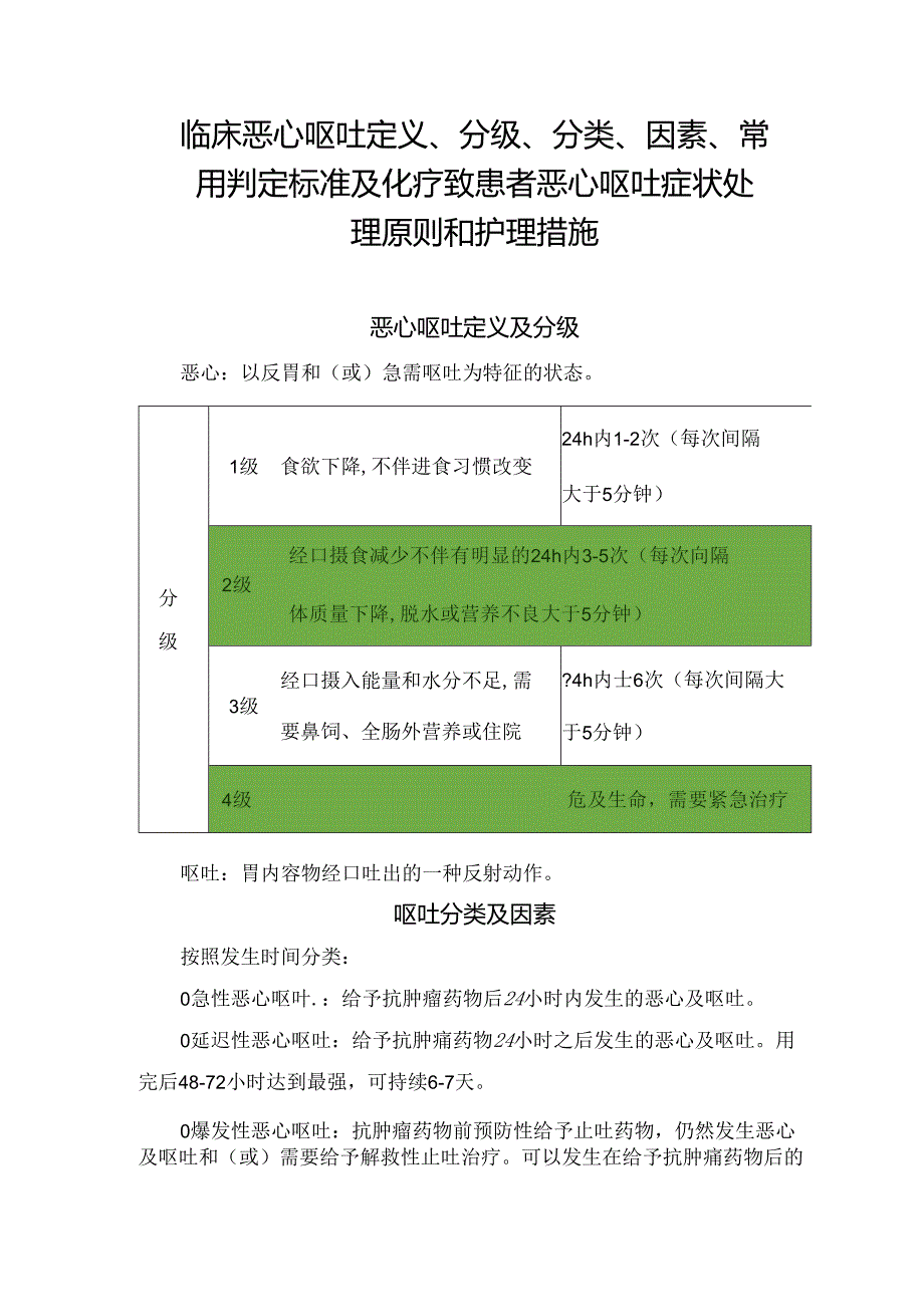 临床恶心呕吐定义、分级、分类、因素、常用判定标准及化疗致患者恶心呕吐症状处理原则和护理措施.docx_第1页