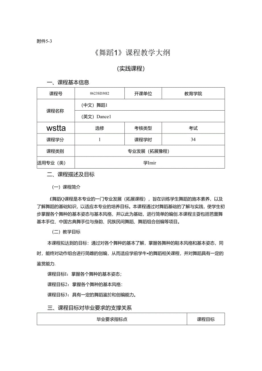 0623S03012-舞蹈1-2023版人才培养方案课程教学大纲.docx_第1页