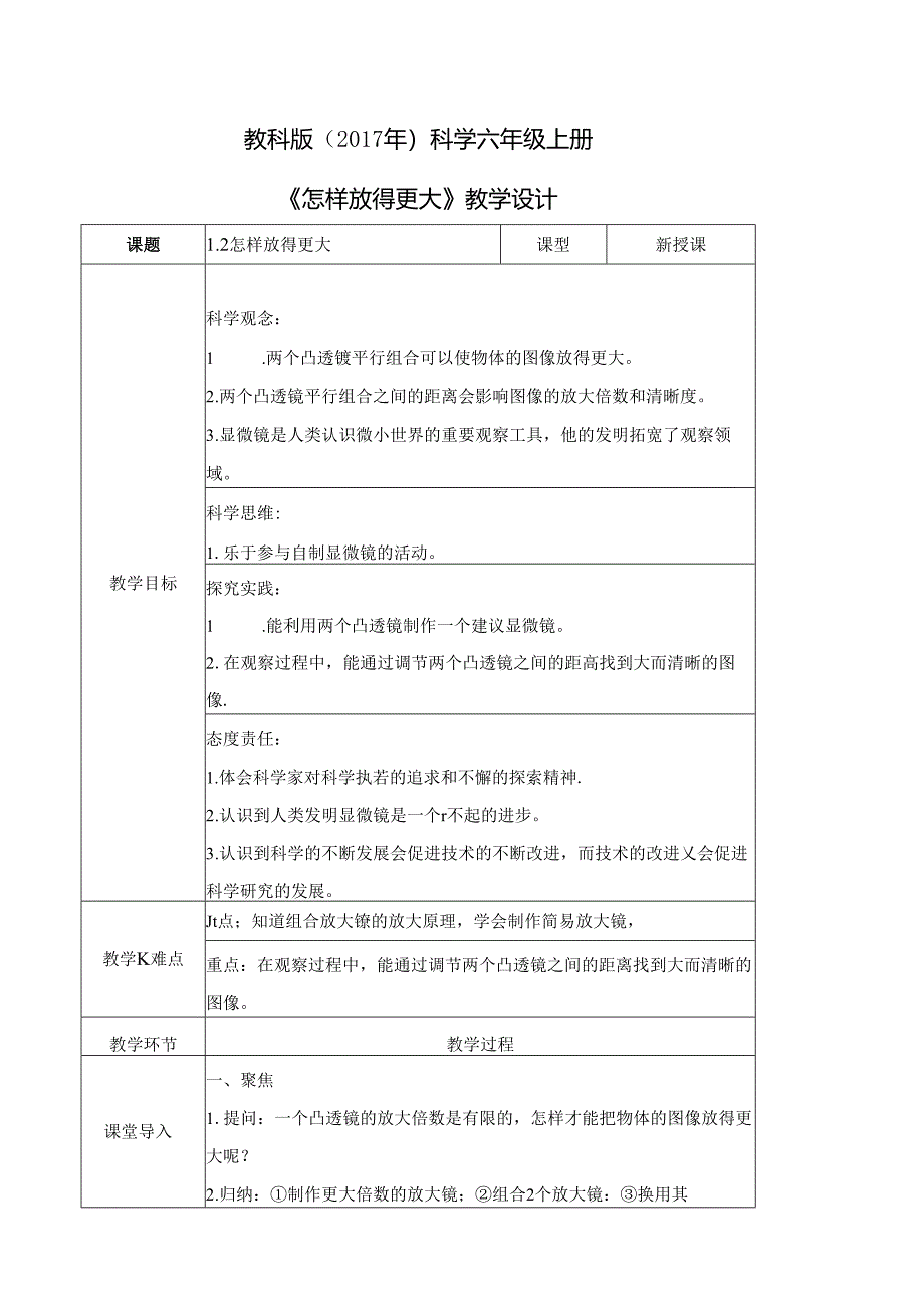 1.2 怎样放得更大（教学设计）六年级科学上册（教科版）.docx_第1页