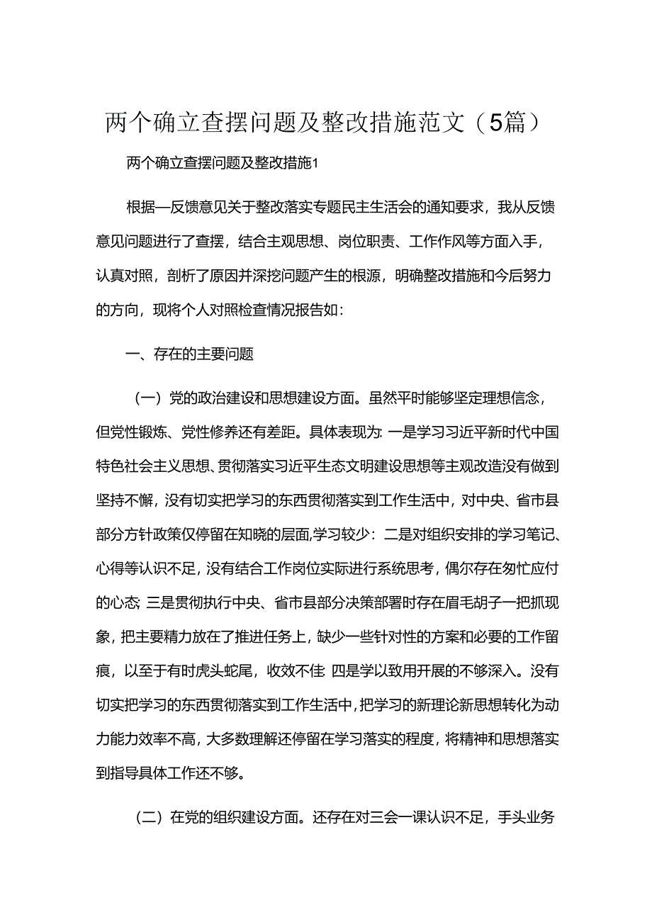 两个确立查摆问题及整改措施范文(5篇).docx_第1页