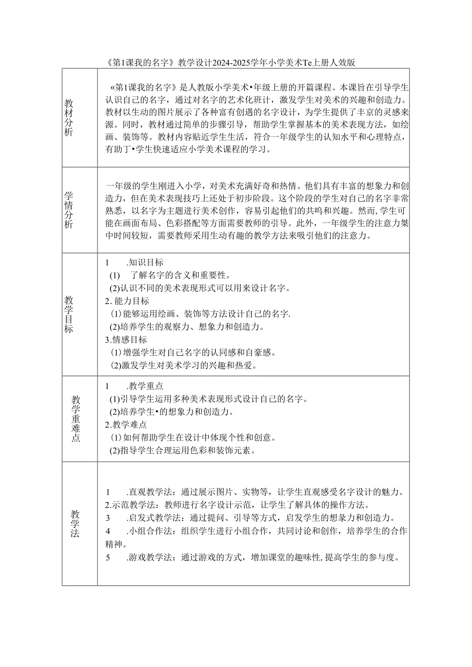 《第1课 我的名字》教学设计2024-2025学年小学美术一年级上册人教版（2024）.docx_第1页