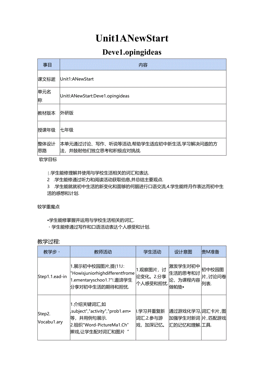 Unit 1 Developing ideas 教学设计-外研版（2024）七年级上册.docx_第1页