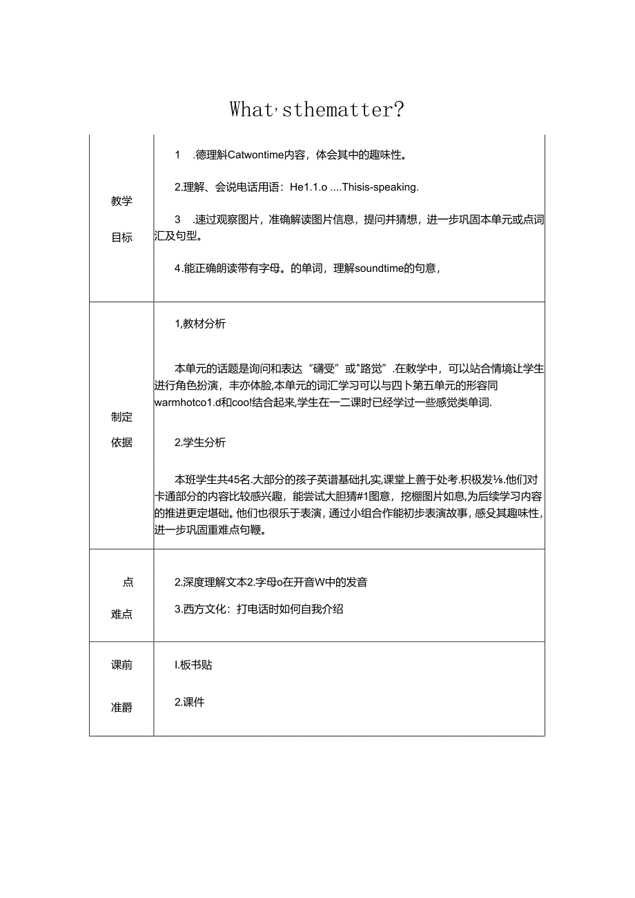 Unit 7 What's the matter？表格式教案.docx_第1页