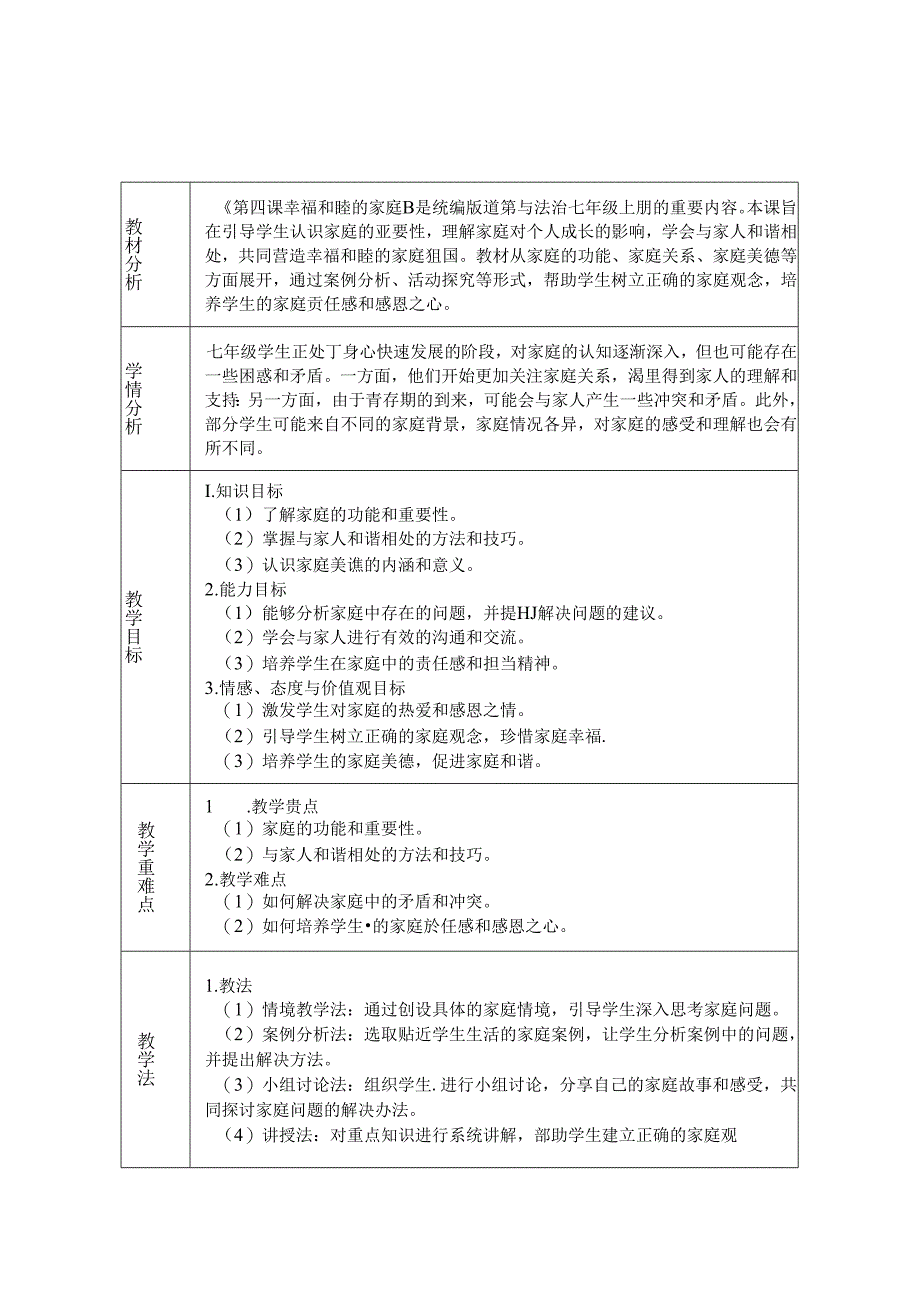 《第四课 幸福和睦的家庭》教学设计2024-2025学年道德与法治七年级上册统编版（2024）.docx_第1页