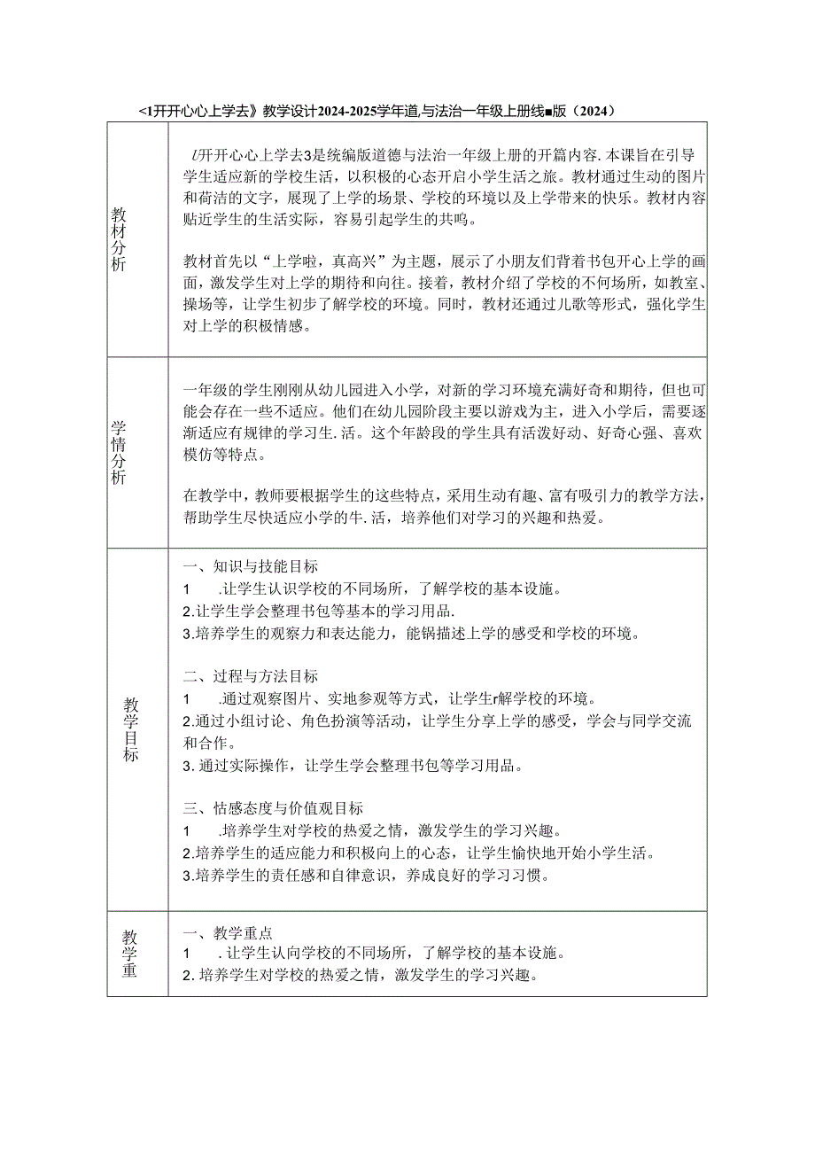 《1 开开心心上学去》教学设计2024-2025学年道德与法治一年级上册统编版（2024）.docx_第1页