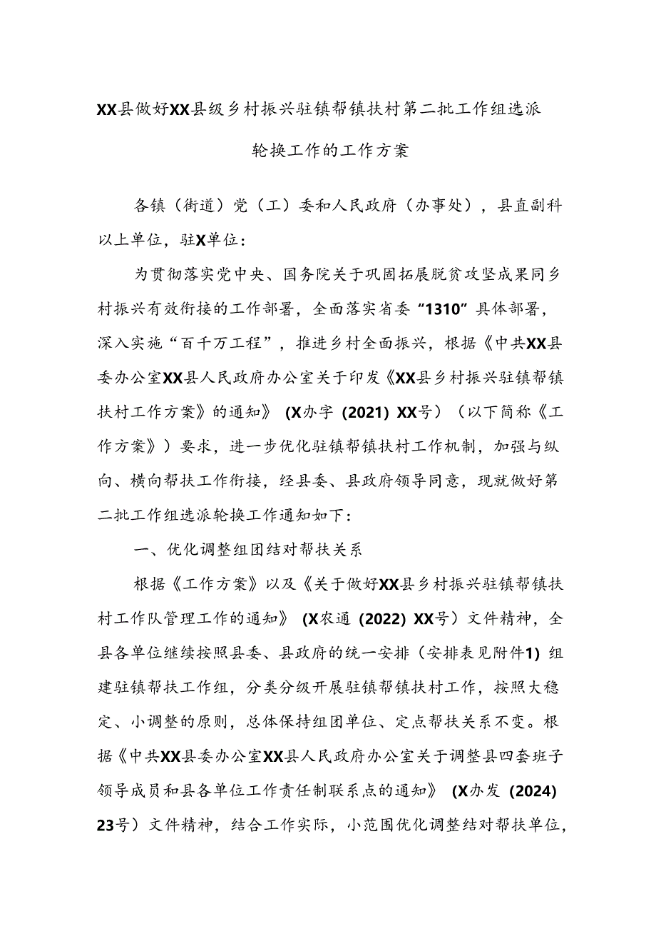 XX县做好XX县级乡村振兴驻镇帮镇扶村第二批工作组选派轮换工作的工作方案.docx_第1页