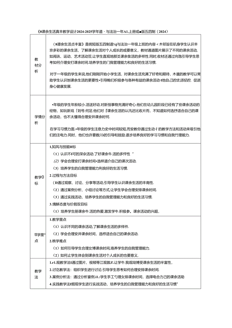 《8 课余生活真丰富》教学设计2024-2025学年道德与法治一年级上册统编版五四制（2024）.docx_第1页