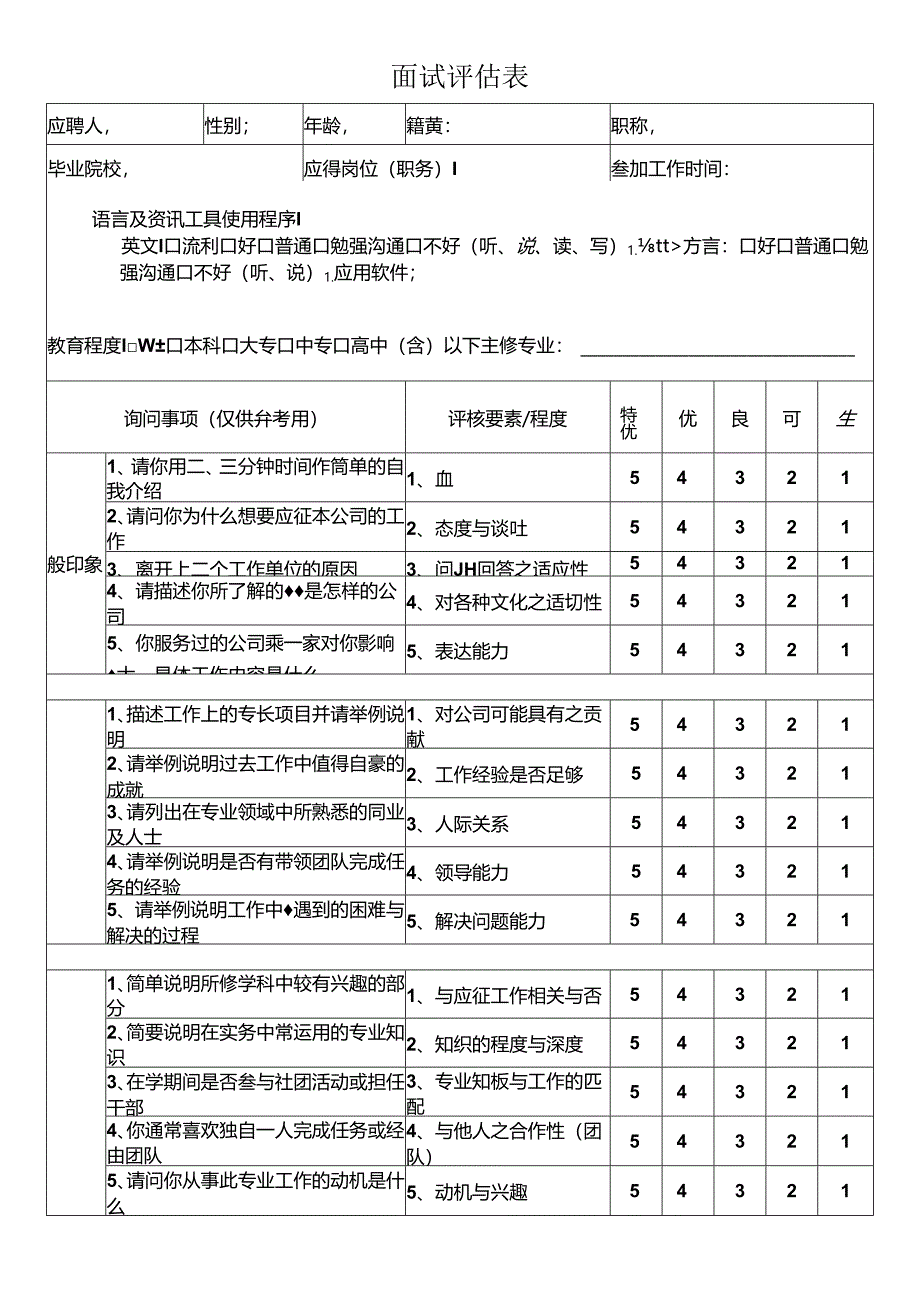 【精品】企业员工面试评估表（正反面打印版）.docx_第1页