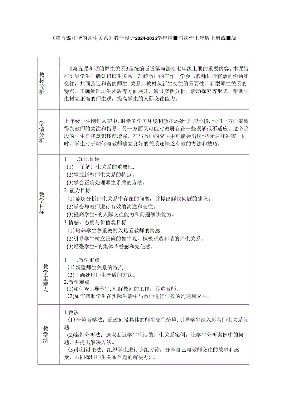 《第五课 和谐的师生关系》教学设计2024-2025学年道德与法治七年级上册统编版（2024）.docx_第1页