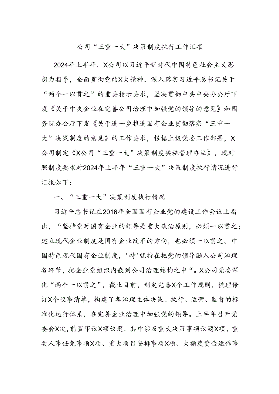 公司“三重一大”决策制度执行工作汇报.docx_第1页