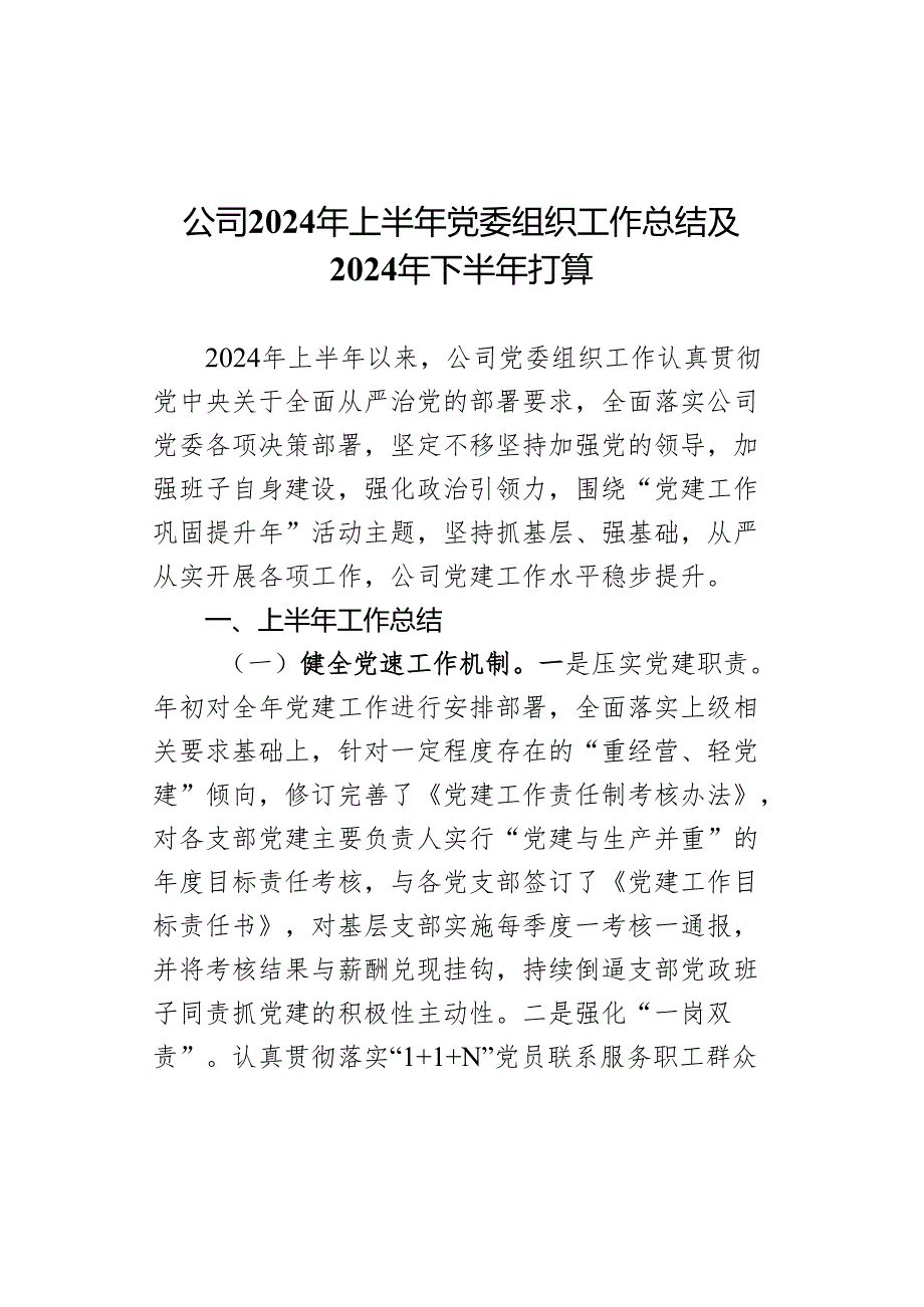 公司2024年上半年党委组织工作总结及2024年下半年打算.docx_第1页