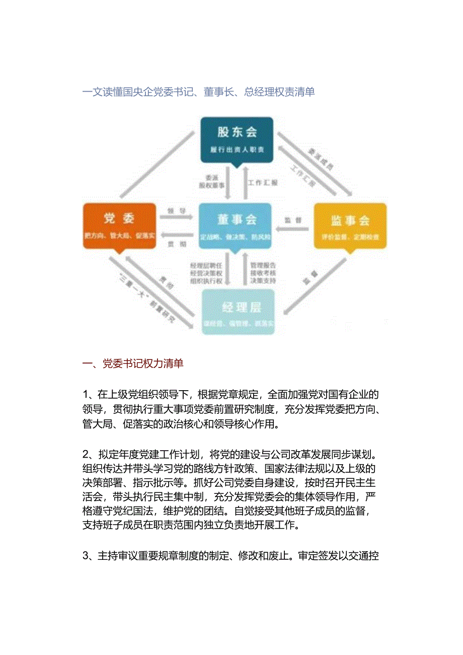 一文读懂国央企党委书记、董事长、总经理权责清单.docx_第1页