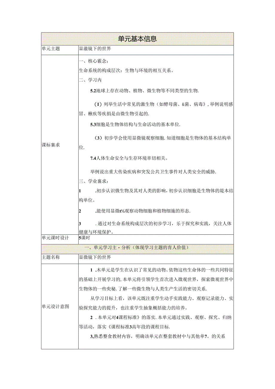 【大单元整体教学】第一单元《显微镜下的世界》单元整体设计 大象版科学六年级上册.docx_第1页