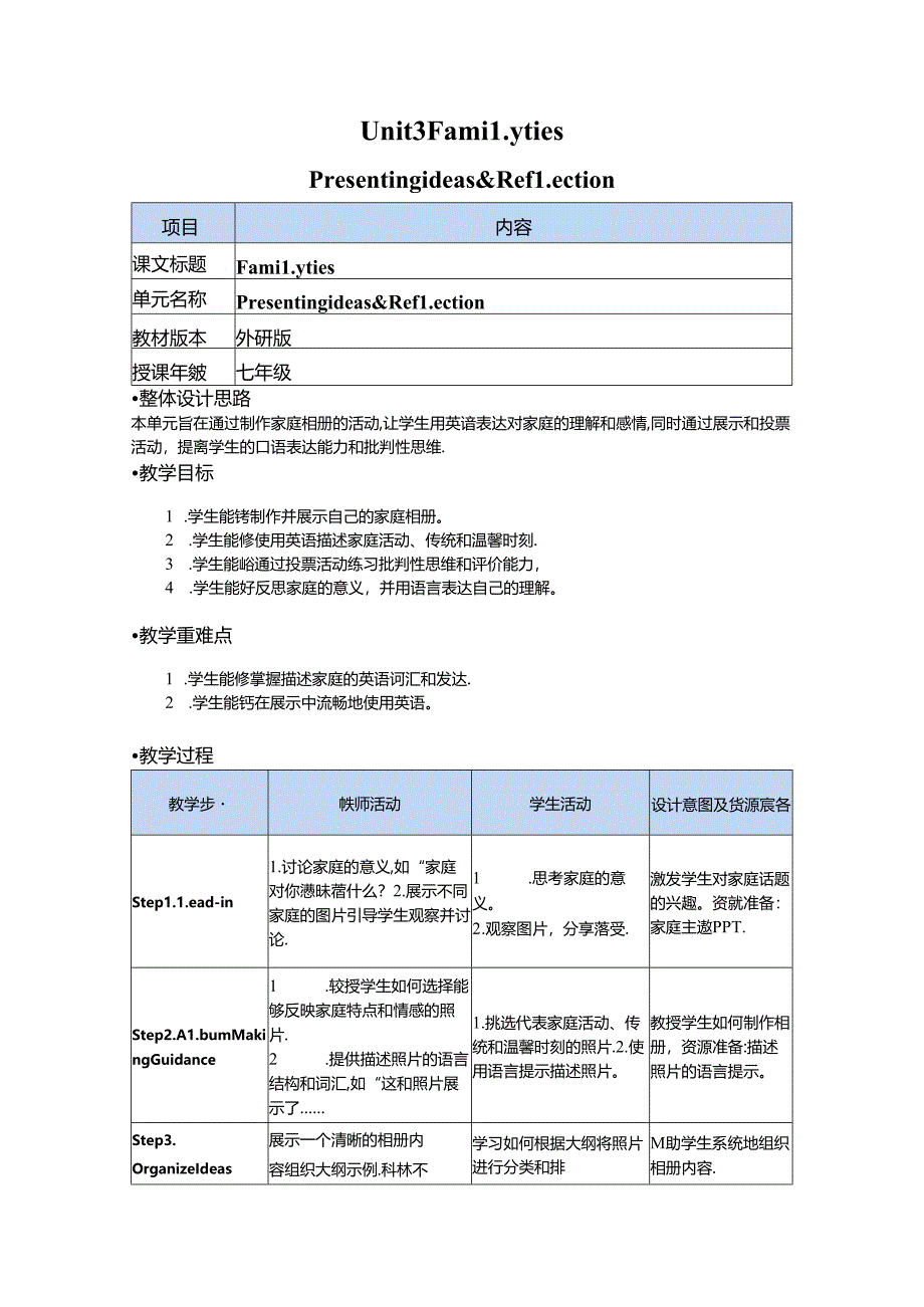 Unit 3 Presenting ideas & Reflection 教学设计-外研版（2024）七年级上册.docx_第1页