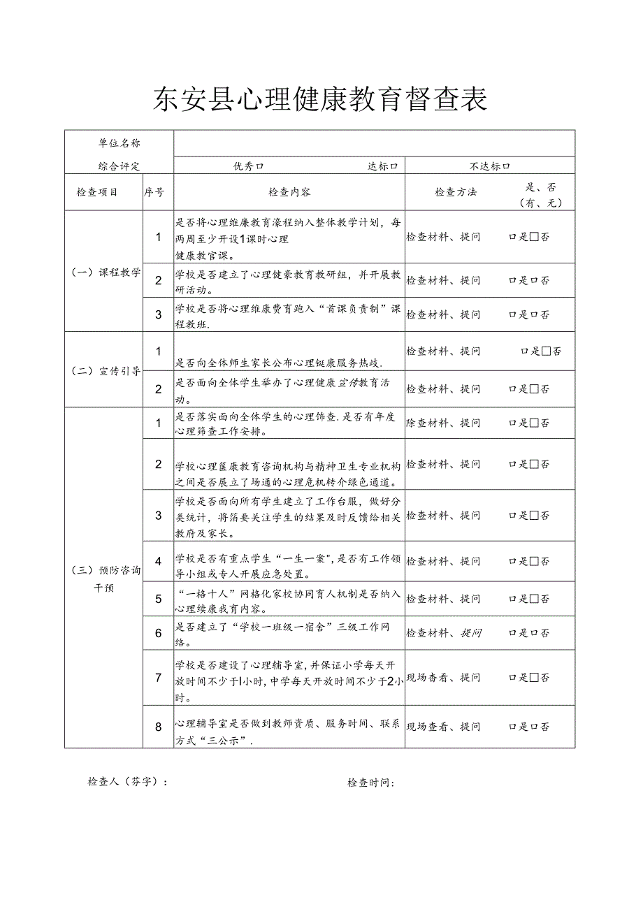 东安县心理健康教育督查表.docx_第1页