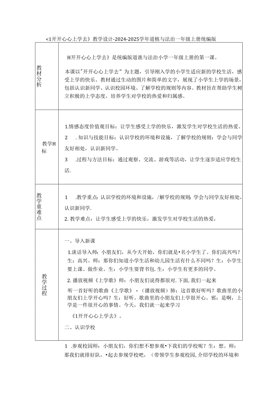 《1 开开心心上学去》教学设计-2024-2025学年道德与法治一年级上册统编版（表格表）.docx_第1页