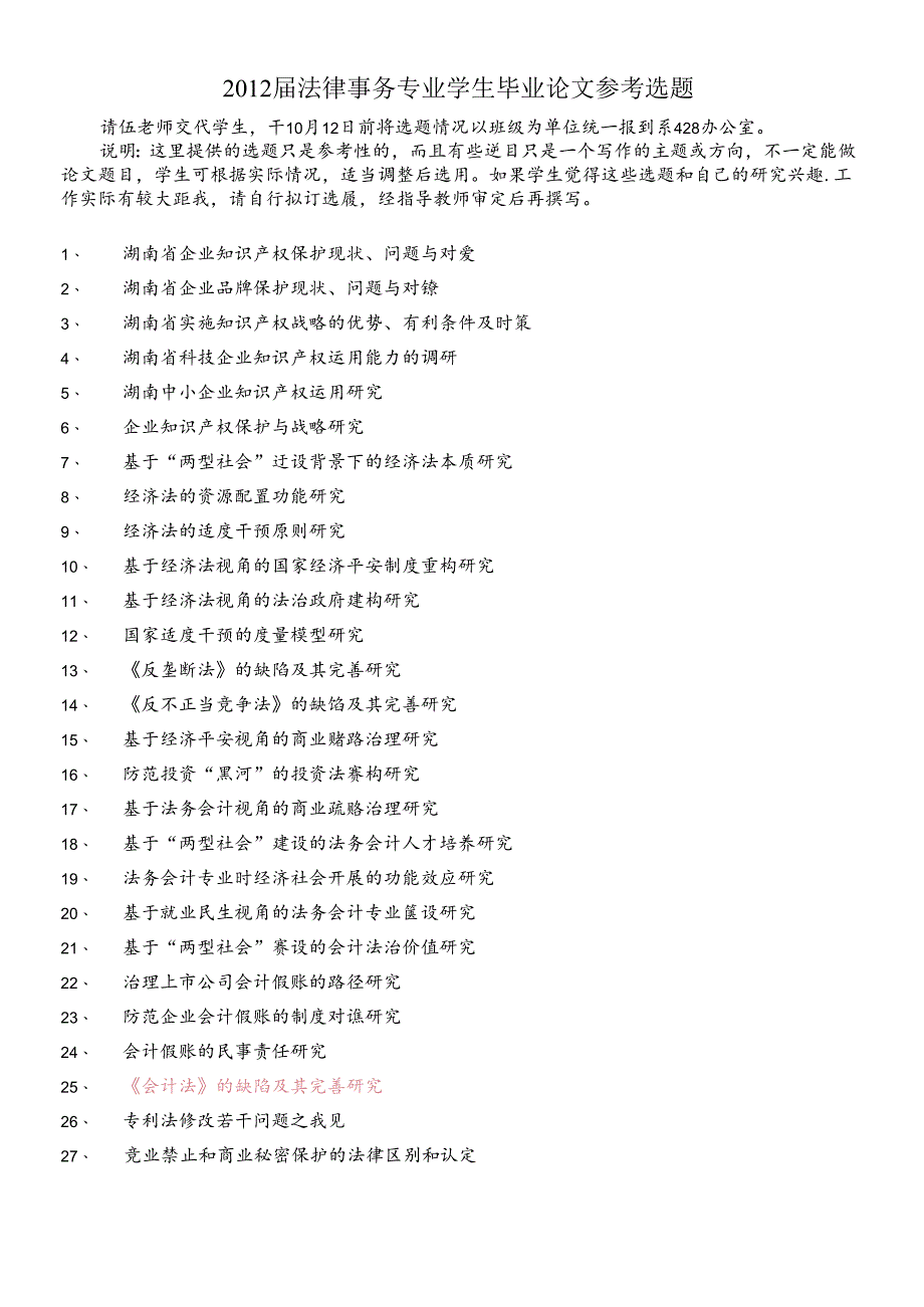 XXXX法律事务专业毕业论文参考选题.docx_第1页