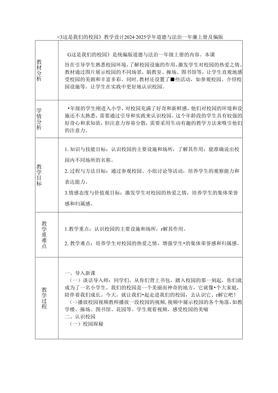 《3 这是我们的校园》教学设计2024-2025学年道德与法治一年级上册统编版（表格表）.docx_第1页