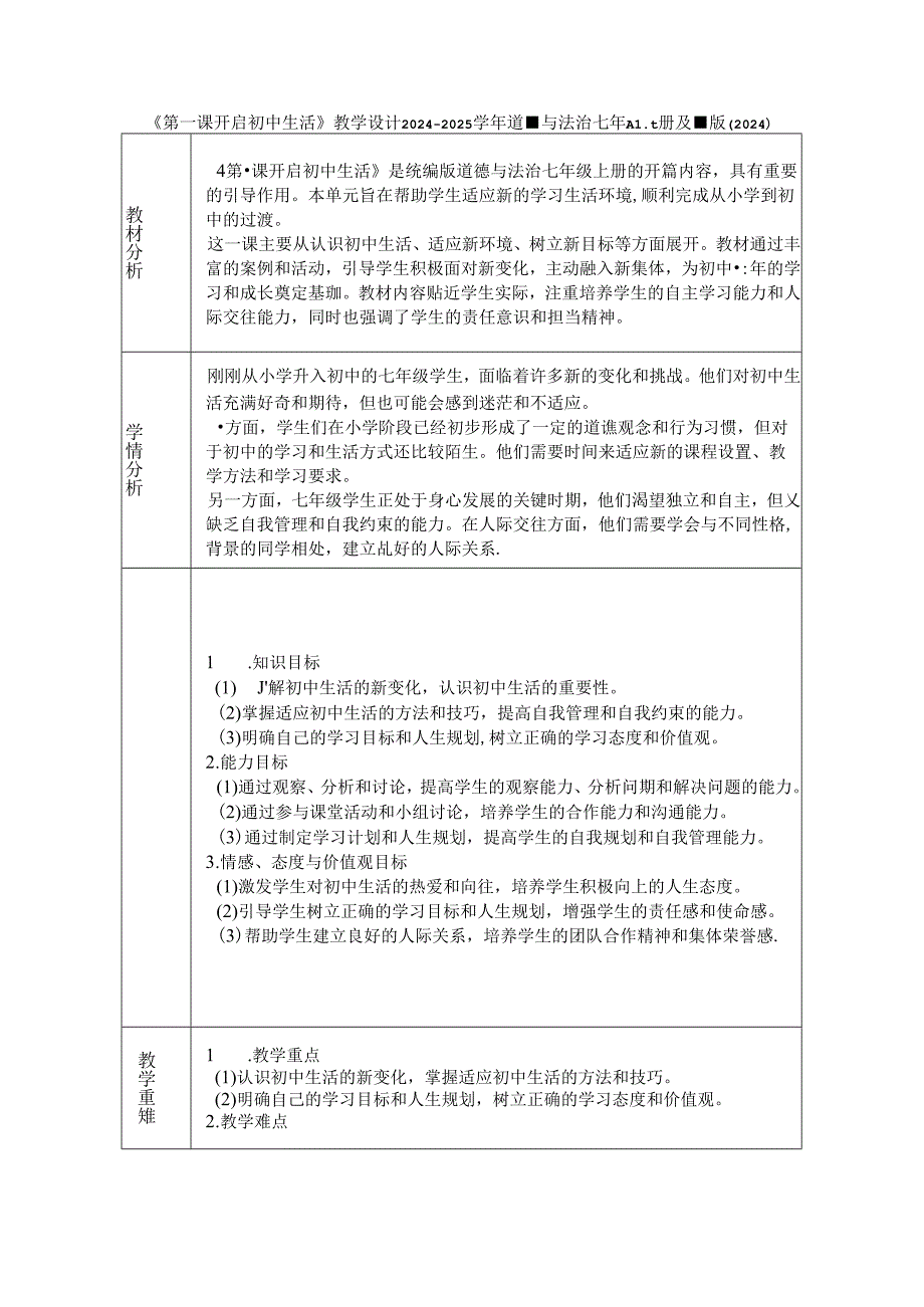 《第一课 开启初中生活》教学设计2024-2025学年道德与法治七年级上册统编版（2024）.docx_第1页