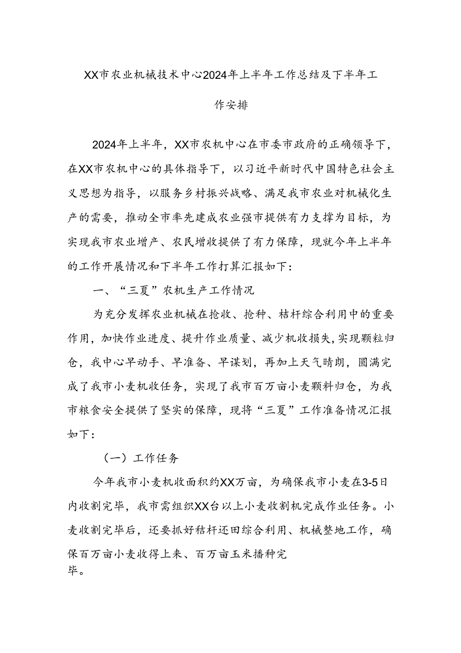 XX市农业机械技术中心2024年上半年工作总结及下半年工作安排.docx_第1页