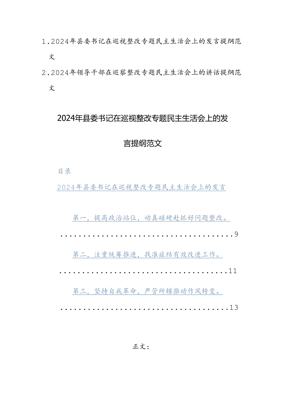 两篇：2024年领导干部在巡察整改专题民主生活会上的讲话提纲范文.docx_第1页