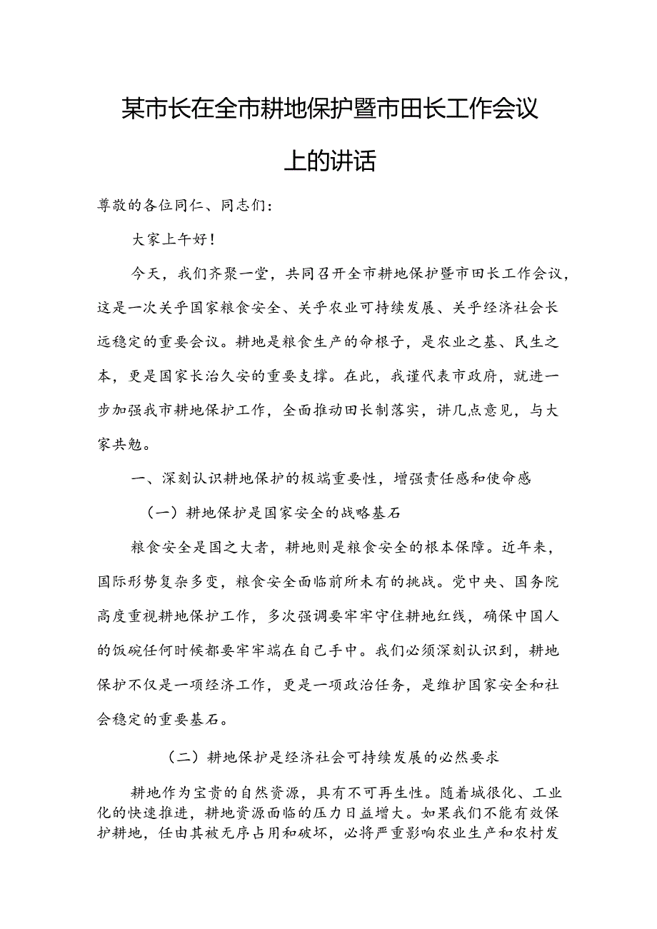 某市长在全市耕地保护暨市田长工作会议上的讲话.docx_第1页