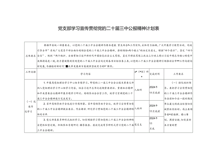 2024年党支部学习宣传贯彻党的二十届三中公报精神计划表.docx_第1页