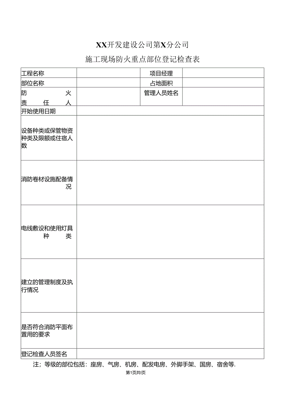 XX开发建设公司第X分公司施工现场防火重点部位登记检查表（2024年）.docx_第1页