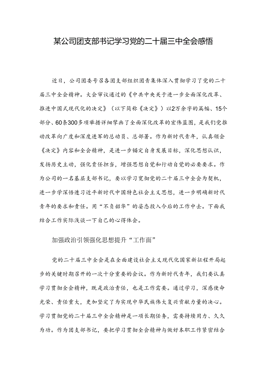 某公司团支部书记学习党的二十届三中全会感悟.docx_第1页