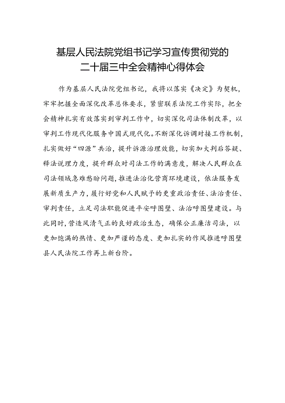 基层人民法院党组书记学习宣传贯彻党的二十届三中全会精神心得体会.docx_第1页