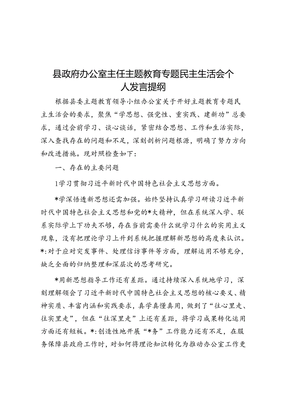 县政府办公室主任主题教育专题民主生活会个人发言提纲.docx_第1页